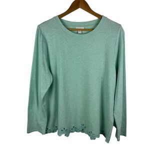 J Jill Long Sleeve Top Large Mint Green Floral Eyelet Scalloped Hem Cotton Comfy